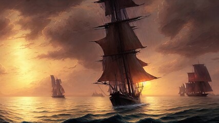 Fototapeta premium Vintage sailboat in the open sea under the night sky. Big full moon, reflection of light in the water. Fantasy sea landscape. 3D illustration.