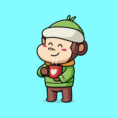 Cartoon illustration of cute monkey in winter clothes holding a cup of hot drink