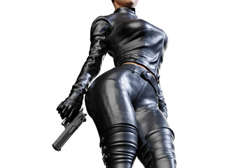 Sexy female assassin in glossy latex dress and panties and high heels on transparent background - obrazy, fototapety, plakaty