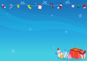 Merry Christmas and Happy New Year background with santa claus, snowman and gifts on skyblue with snow fall background, creative design background, vector illustration