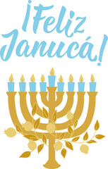 Happy Hanukkah card. Translation from Spanish: Happy Hanukkah. Holidays lettering.