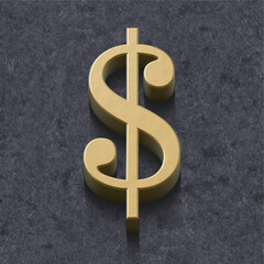 3d alphabet, set of golden numbers and symbol on grey background, 3d rendering, dollar symbol