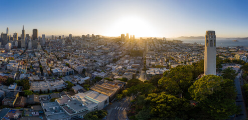 Aerial: panorama San Francisco Bay Area during sunset. Drone view 
