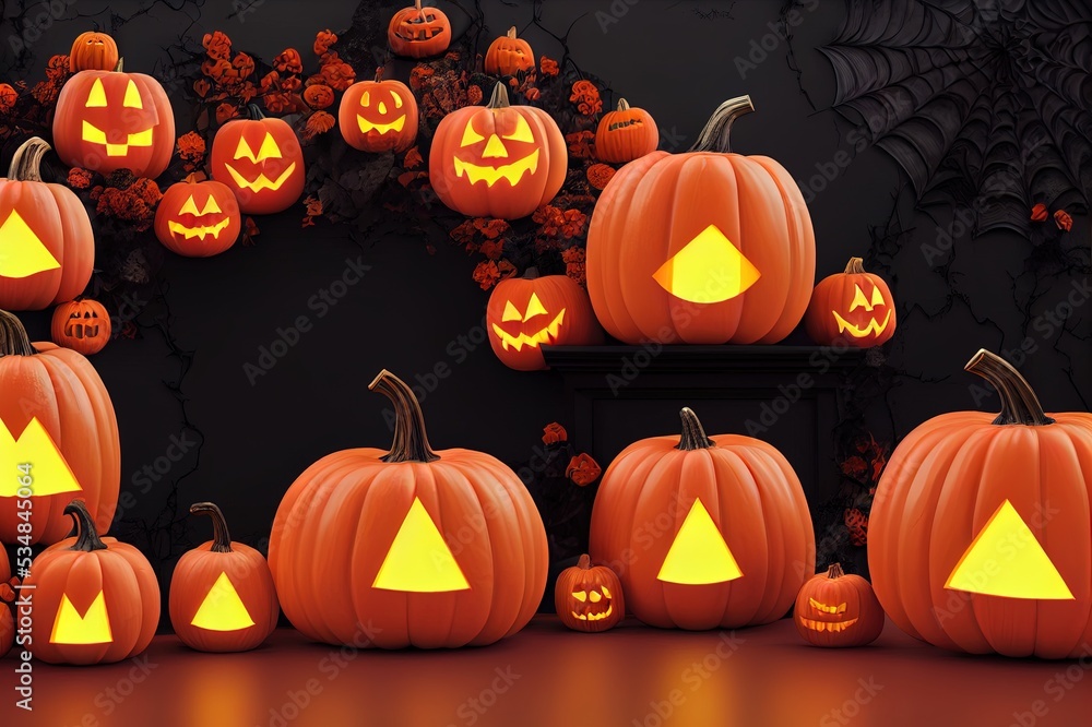 Canvas Prints 3D Halloween background pedestal podium on white, pumpkin display with gold and orange frame. Jack o lantern showcase, beauty cosmetic, product promotion. Abstract banner, spooky luxury 3D render