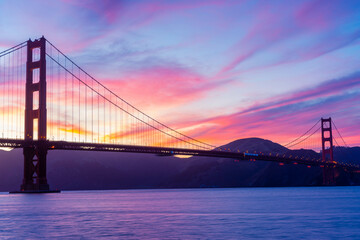 Panorama sunset over the Golden Gate Bridge
