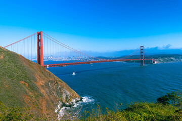 Panorama view of the famous Golden Gate Bridge and San Francisco Downtown 