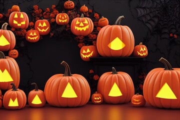 Fototapeta premium 3D Halloween background pedestal podium on white, pumpkin display with gold and orange frame. Jack o lantern showcase, beauty cosmetic, product promotion. Abstract banner, spooky luxury 3D render