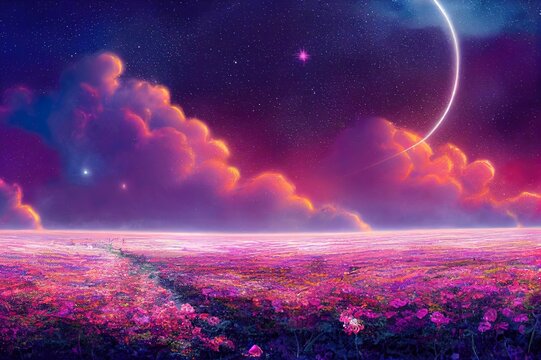 Fantasy fabulous panoramic banner background of magical night sky with shining stars, clouds and delicate romantic pink rose flowers garden and flying peacock eye butterflies. Idyllic tender scene.