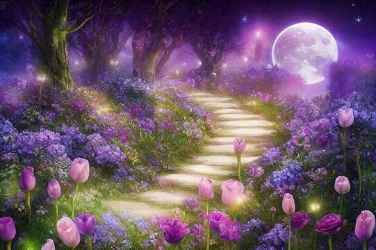 Fantasy Eustoma flowers garden in enchanted fairy tale dreamy elf forest with fabulous fairytale blooming tender roses, in magical night darkness on mysterious dark floral background with moon rays.