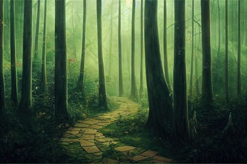 Fantasy inside forest background painting. High Quality Illustration