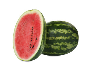 Whole and cut fresh juicy watermelons isolated on white