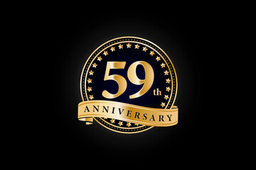 59th anniversary golden gold logo with gold ring and ribbon isolated on black background, vector design for celebration.