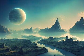 Fantasy landscape with floating islands in a beautiful day. Photomanipulation, illustration, 3D.