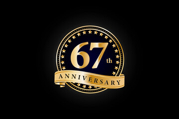 67th anniversary golden gold logo with gold ring and ribbon isolated on black background, vector design for celebration.