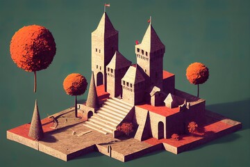 Fantasy scene with castle, trees and sword. 3D illustration. - obrazy, fototapety, plakaty