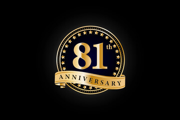 81th anniversary golden gold logo with gold ring and ribbon isolated on black background, vector design for celebration.