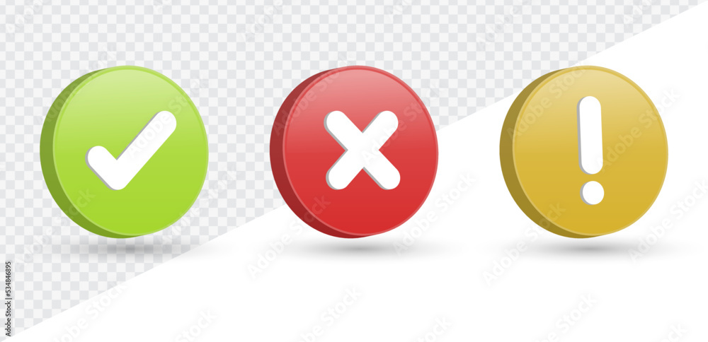 Aufkleber 3d checkmark icon button in speech bubble. correct and incorrect sign with with exclamation mark sign information icon or check mark box frame with green tick and red cross symbols. yes or no 3d icons