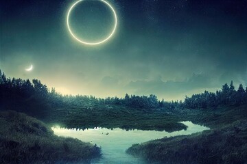 Fantasy scene of a landscape with stars and moon lying on the field. Photo manipulation. Illustration. 3D.