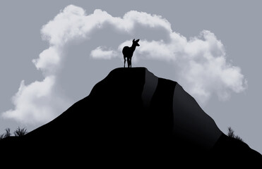 a deer stands atop a hill in this image silhouetted against a cloud in the sky. Black and white and 3-d illustration.