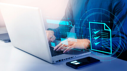 Businessmen verify the accuracy of paperwork, business reviews are essential, search for...