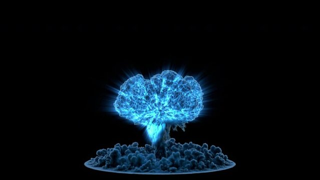 Huge blue energy electromagnetic nuclear bomb explosion with a mushroom cloud. Nuke weapon of mass destruction. Atomic blast with alpha channel. 4K video