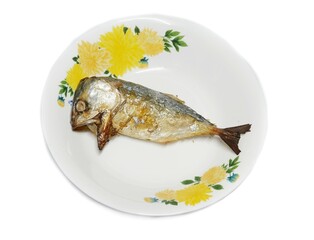 Grilled mackerel in a white plate on a white background