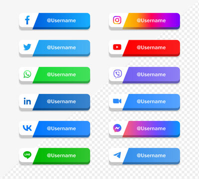 social media icons logos lower third banner template 3d facebook, instagram, youtube, whatsapp, twitter, telegram, zoom, linkedin, messenger, vk, vkontakte, line, viber, icon, logo, button, frame