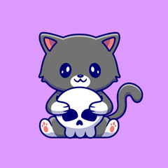 Cute Cat Holding Skull Bone Cartoon Vector Icon Illustration. 
Animal Halloween Icon Concept Isolated Premium Vector. 
Flat Cartoon Style
