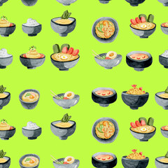 Asian Food, Hand Drawn Watercolor Illustration. Japanese Food, Illustration With Sushi, Noodles, Japanese Tea, Udon, Tofu, Yakitori and Tempura.