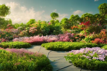 Obraz premium Natural beauty podium backdrop for product display with abstract garden scene. 3d rendering.