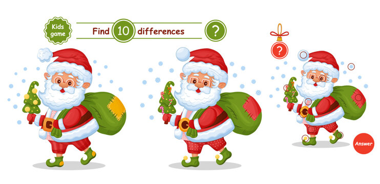 Cute Santa Claus character, find 10 differences puzzle education children game. Search match. Grandfather with Christmas tree, holiday New Year bag of gifts. Kid preschool logical task. Cartoon vector