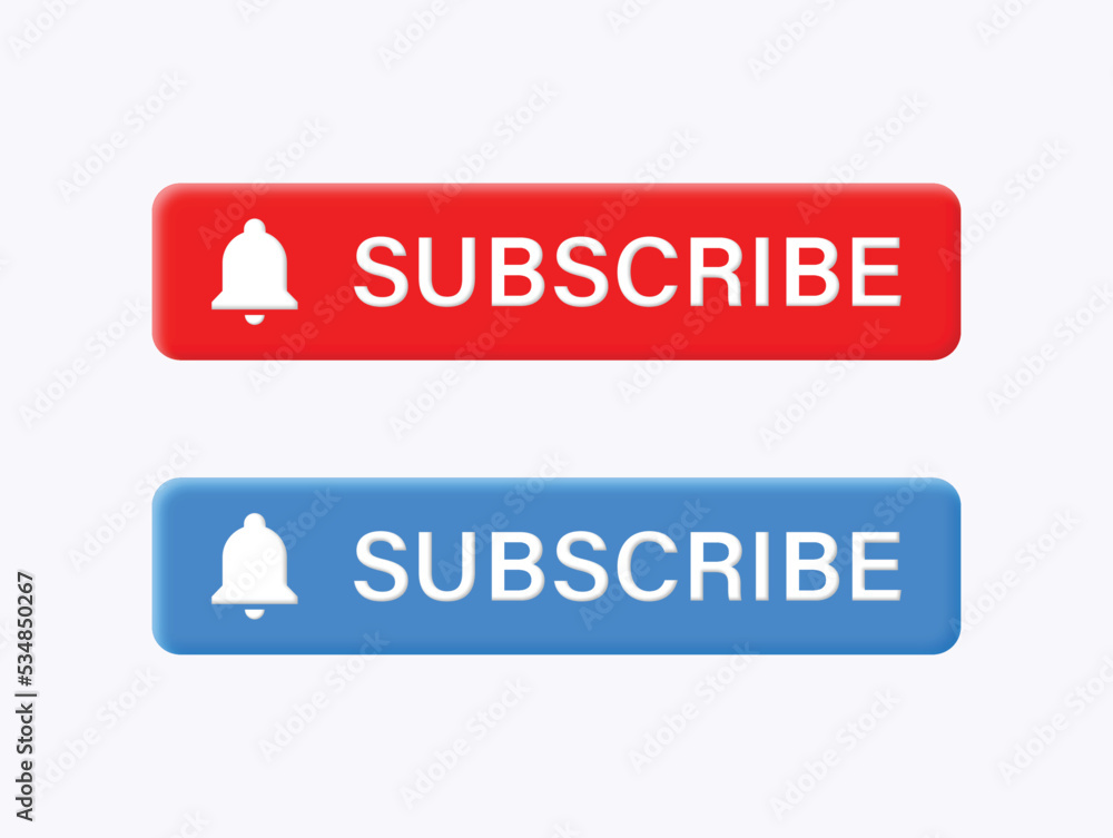 Poster subscribe button 3d with notification bell icon in red and blue buttons, subscribed button with alar