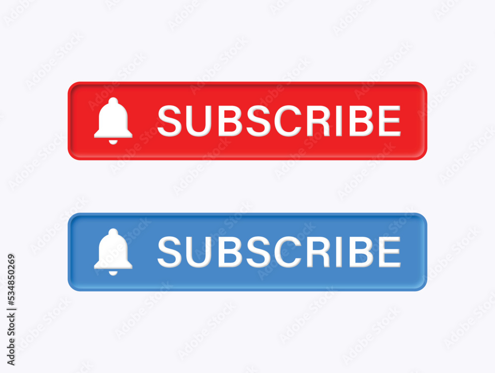 Aufkleber subscribe button 3d with notification bell icon in red and blue buttons, subscribed button with alar