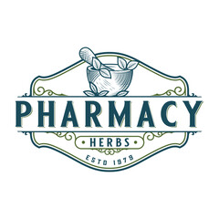 apothecary classic logo design. The concept of a hand-drawn mortar and pestle with a decoration in the form of an emblem, is perfect for pharmacies, medicine and herbal shops. - obrazy, fototapety, plakaty