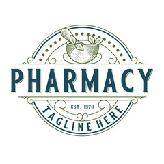 Vintage pharmacy logo. Illustration of mortar and pestle and herbal plant in emblem form, with leaf ornament and decoration for pharmacy, drug store and herbal medicine.