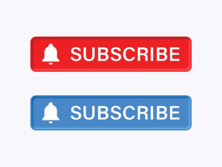 subscribe button 3d with notification bell icon in red and blue buttons, subscribed button with alarm ring icon for youtube video channel template