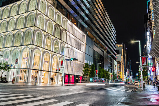 TOKYO, JAPAN - September 24, 2022 : Bringing together high-end shopping and world-class culture, GINZA SIX is a modern-day reinterpretation of Tokyo's most historic commercial district. Night view.
