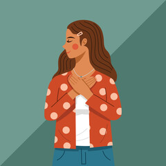 Kind hearted concept, Young woman puts hands on chest. Vector