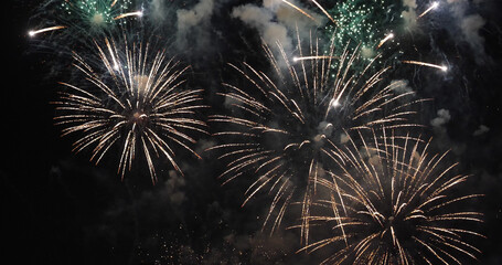 Fototapeta premium Golden Firework celebrate anniversary independence day night time celebrate national holiday. Countdown to new year 2023 party time event. Happy new year 2023, 4th of july holiday festival concept