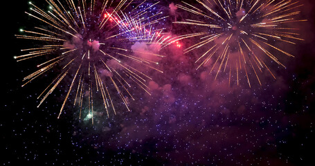 Purple Firework celebrate anniversary happy new year 2023, 4th of july holiday festival. Purple...