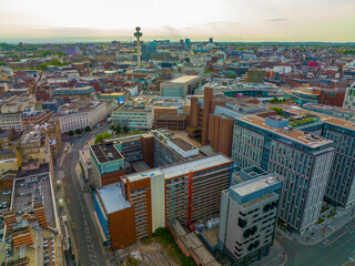 Liverpool Maritime Mercantile City aerial view on James Street with Radio City Tower in city of Liverpool, Merseyside, UK. Liverpool Maritime Mercantile City is a UNESCO World Heritage Site. 