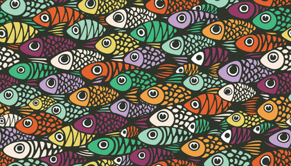 Fototapeta premium Seamless vector pattern with colorful fish. A large school of fish with eyes and scales swim in the same direction. Dense repeating dark background with color marine product.