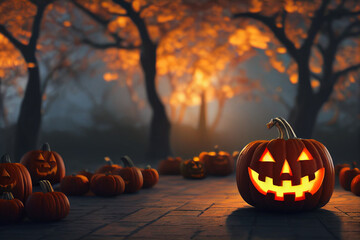 Halloween pumpkin heads jack lantern with burning candles in an autumn forest