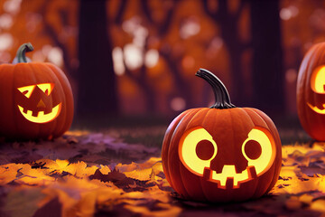 happy Halloween Background with a Jack O Lantern in a forest