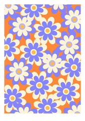 Abstract daisy flowers poster. Groovy trippy funky style. Floral background. Aesthetic wall art in trendy pallete. Psychedelic summer bright decoration.