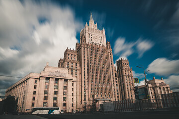 Fototapeta na wymiar Ministry of Foreign Affairs of Russia main building, Moscow Russia. Long exposure.