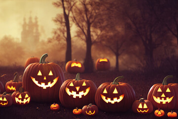 Carved Halloween pumpkins glowing in dark foggy forest