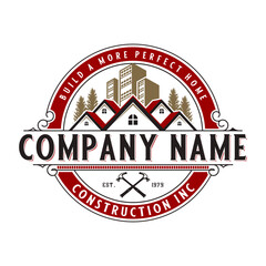 classic construction logo design. illustration of the roof of a house with a pine tree in the form of an emblem, for real estate companies, construction and housing businesses