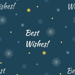 Fototapeta na wymiar Raster xmas seamless pattern. Include set of hand drawn snowflakes, gold stars with sparkles and handwritten words Best Wishes. Wrapping paper for New Year gift. Snowflakes on dark blue background.