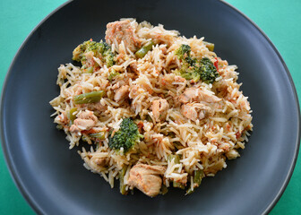Coconut chicken with basmati rice and broccoli